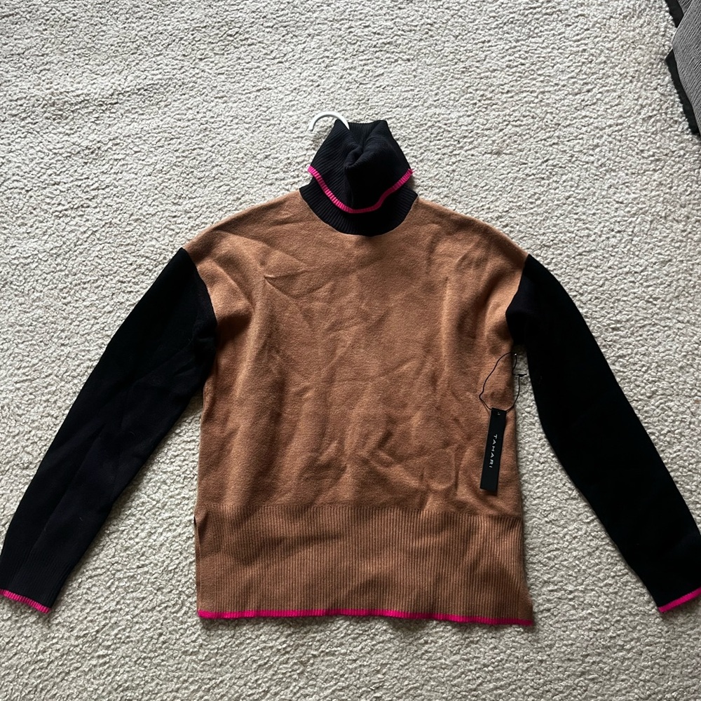 Tahari Brown and Black Turtleneck Sweater with Pink Accents